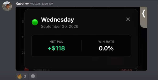 Discord community screenshot showing +$118 daily net P&L