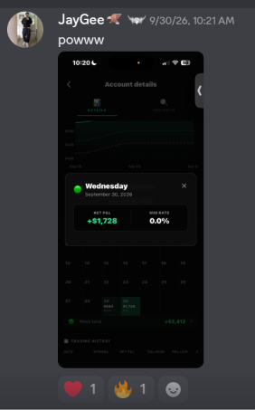 Discord community screenshot showing +$1,728 daily net P&L