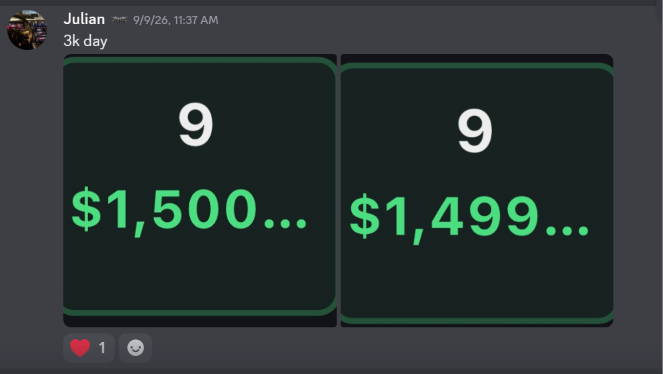 Discord community screenshot showing Community trading results