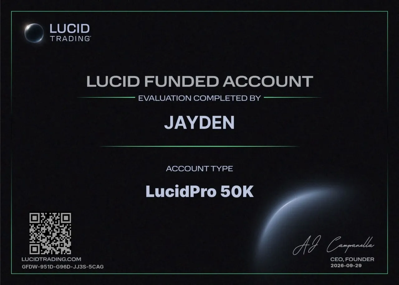 Lucid Trading funded account certificate for Jayden, LucidPro 50K