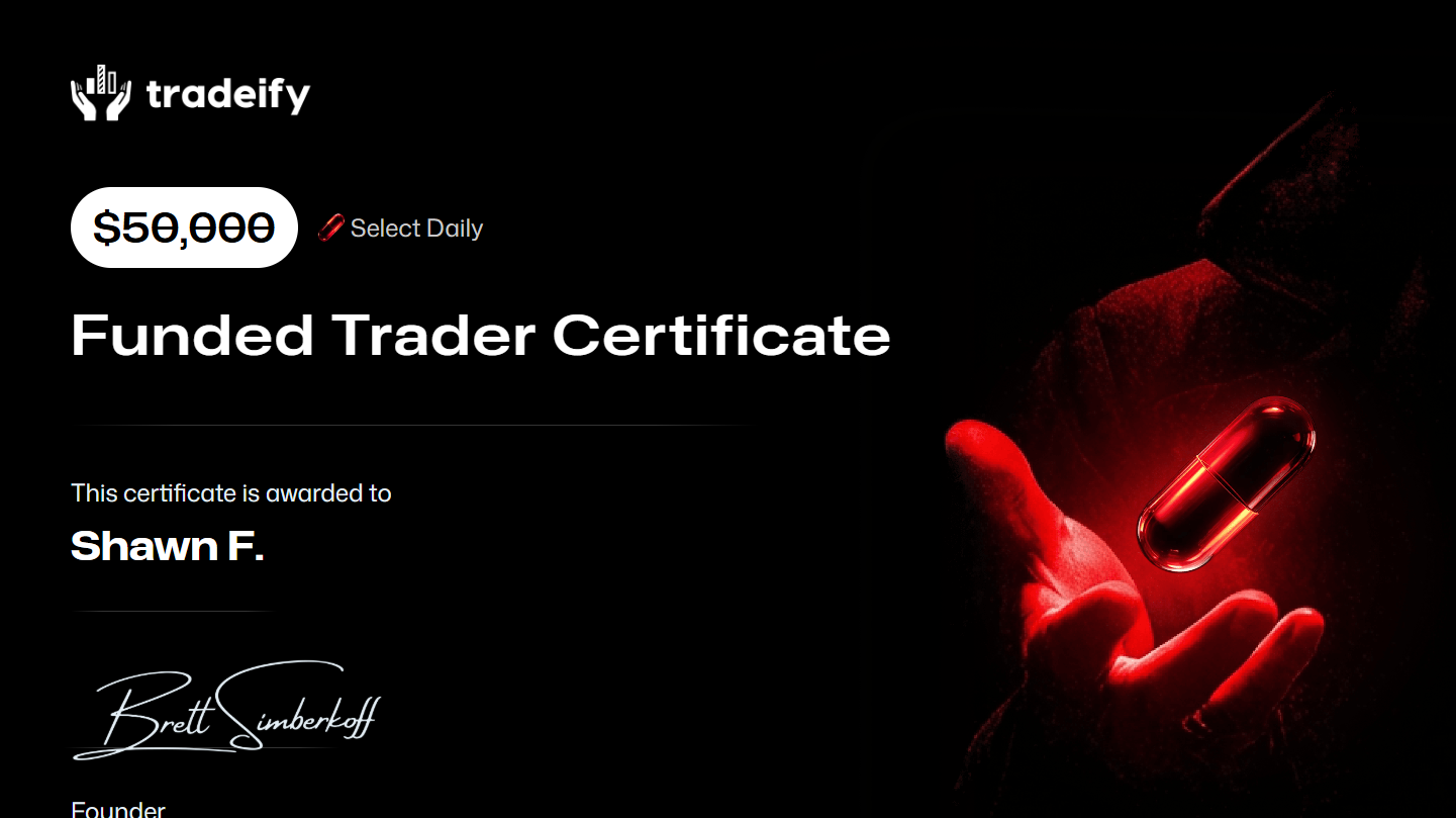 Tradeify funded trader certificate for Shawn F., $50,000